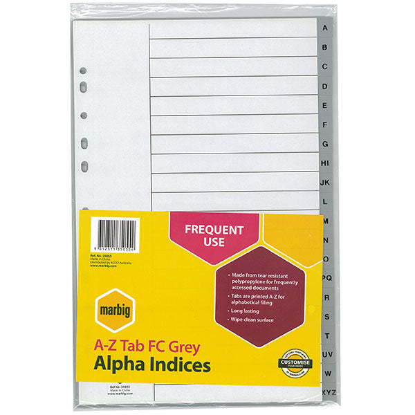 MARBIG® INDICES & DIVIDERS A-Z TAB PP FOOLSCAP GREY 20 TABS